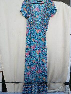 Floral Turquoise Maxi Wrap Dress with V-Neck